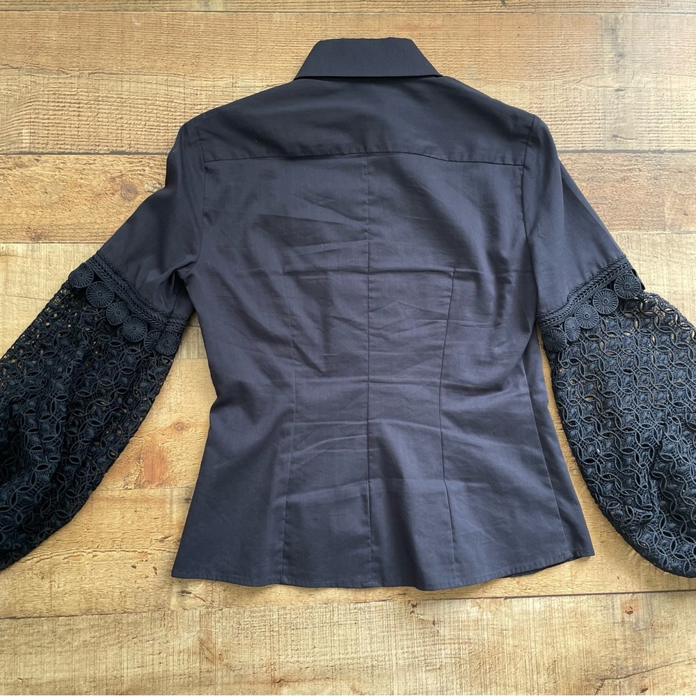 Adria Moss Ballon Puff Sleeve with Cutout Detail Cotton Button Down Shirt Navy - Picture 7 of 7